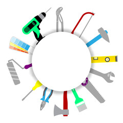 Professional handyman services. Blank template for your logo with colorful tools collection and circle text space.  Set of repair tools on white background for your web site design, app, UI. Shadow. E