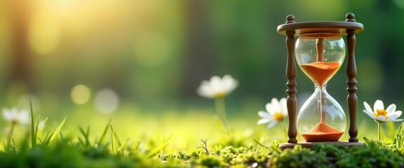 Hourglass sits on grass in spring scenery. Nature background with flowers, green plants. Time passes calmly outdoors. Image empty space for design text. Eco-friendly concept, nature appreciation,