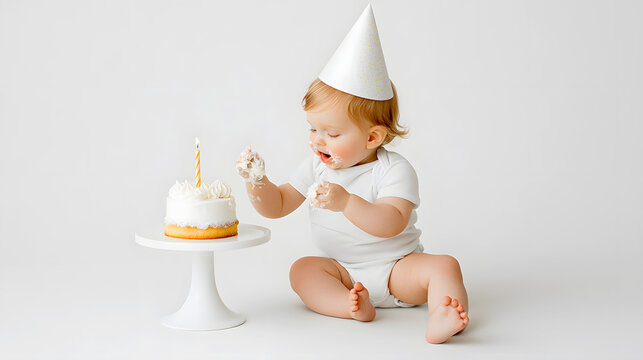 Baby's first birthday 1 year old. Baby eats birthday cake with his hands. Minimalistic