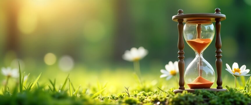 Hourglass sits on grass in spring scenery. Nature background with flowers, green plants. Time passes calmly outdoors. Image empty space for design text. Eco-friendly concept, nature appreciation,