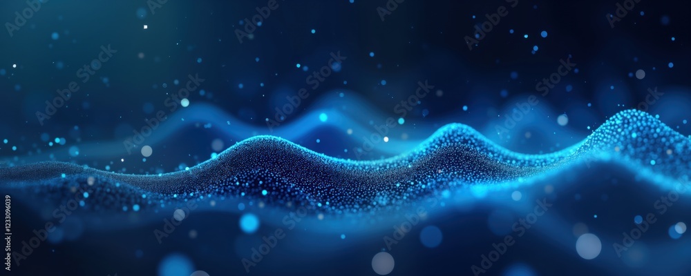 Poster abstract image shows digital waves of glowing particles. blue color dominates background. abstract d