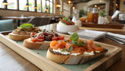 Assorted gourmet bruschetta served on wooden platter in cafe