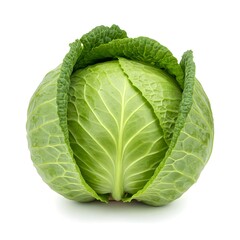 Fototapeta premium A head of fresh green cabbage. The cabbage is whole, centered in the image, and is a vibrant green color.&nbsp; Its leaves are tightly packed, forming a round head. The leaves are a deep green with visible