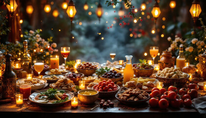 A Lavish Festive Table Setting: A Culinary Delight Under Warm Lights