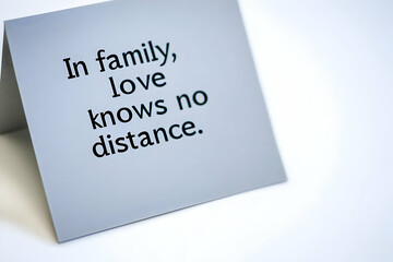 A gray sticky note with the quote "In family, love knows no distance." isolated on the white background