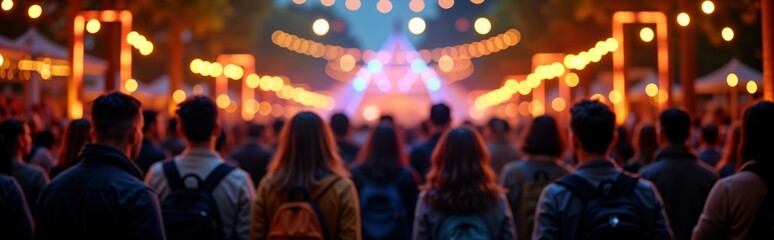 Large crowd attends outdoor event. People stand in front of stage. Stage area is illuminated by colorful lights. Event is likely a concert or festival. People enjoy evening entertainment.