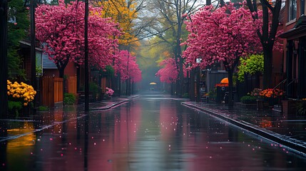 Fototapeta premium Rainy spring street, blossoms, reflection, city, urban, tranquility, postcard
