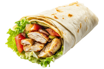 Grilled Chicken Wrap isolated. A delicious tortilla wrap filled with grilled chicken, fresh vegetables, and melted cheese, perfect for a meal. AI generated..
