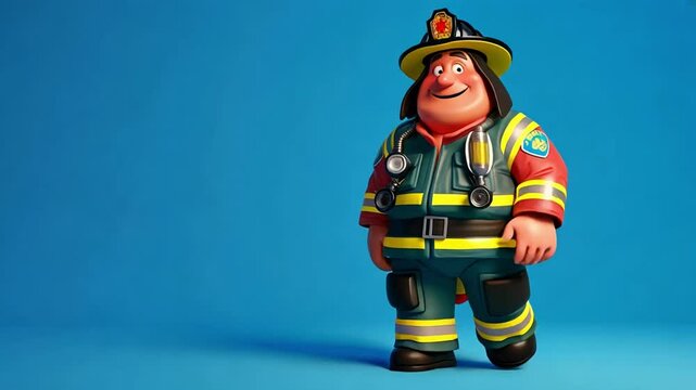 Chubby firefighter standing on a blue background