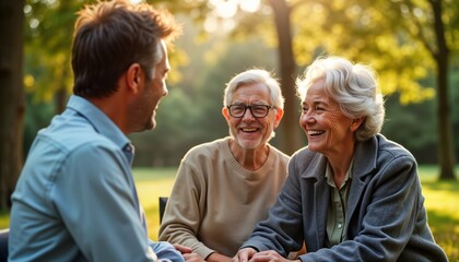 Cheerful senior couple enjoys conversation with financial advisor in park. Retirement planning meeting outdoors. Happy mature people relax, discuss financial future. Warm sunny day. Trees, nature