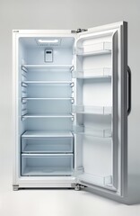 Empty white refrigerator with door open. Interior clean, displays multiple shelves, drawers. Modern appliance. Great for new tech appliances interior design. Pro studio shot. Excellent for home
