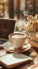 Fototapeta premium A cup of coffee on the table, an open laptop and a notepad nearby. A cozy working atmosphere.