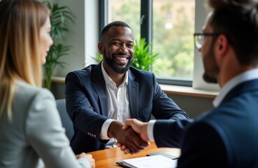 Business meeting in progress. Black financial advisor shakes hands with clients. Successful negotiation. Pro businesspeople in formal suits. Indoor office setting. Happy expressions. Cooperation.