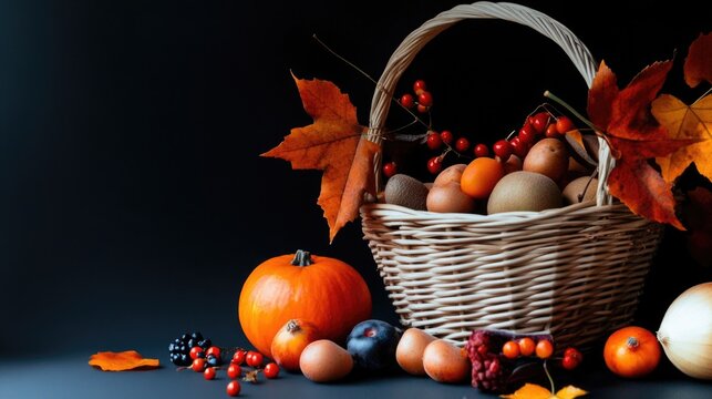 Autumn harvest basket with assorted fruits, vegetables, and leaves - Powered by Adobe