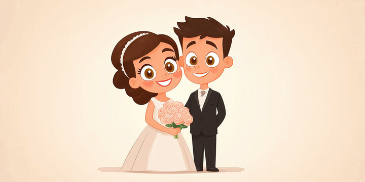 Happy wedding day! Cartoon bride and groom, a illustration of a happy young couple in love getting married