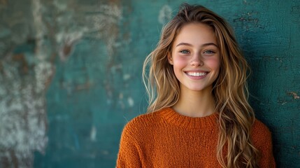 Fototapeta premium Smiling Young Woman in Cozy Sweater Against Textured Background
