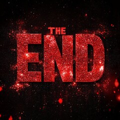 A glowing 3D "The End" sign with a futuristic neon red glow, set against a dark, textured background. Ideal for movie credits, presentations, or advertising.