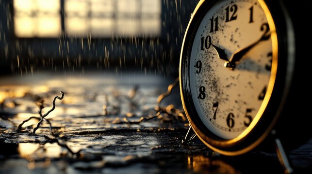 Vintage alarm clock in dimly lit room with falling rain and twisted branches