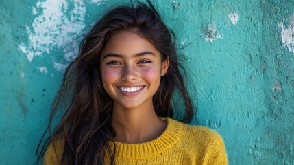 Cheerful Young Woman Smiling Against Vibrant Teal Wall Background