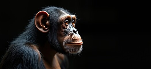 Close-up studio photo of chimpanzee. Animal looks thoughtfully at something out of frame. Black background. Chimpanzee in profile view. Primate features detailed. Image suitable for zoology books