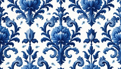 Ornate floral pattern in Delft blue, white. Intricate design with symmetrical flower motifs, decorative leaf patterns. Suitable for textile wallpaper design. Traditional Dutch style with vintage