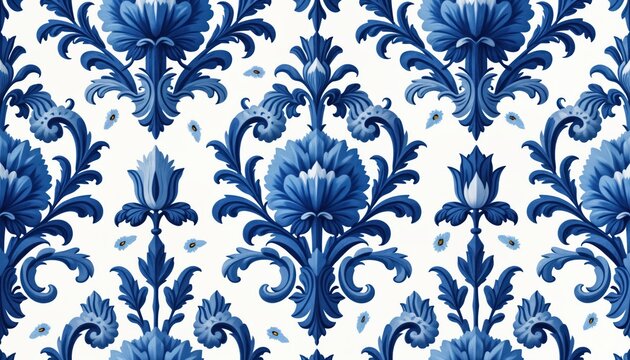 Ornate floral pattern in Delft blue, white. Intricate design with symmetrical flower motifs, decorative leaf patterns. Suitable for textile wallpaper design. Traditional Dutch style with vintage