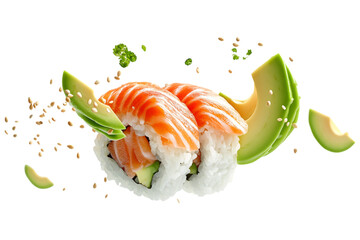Salmon sushi rolls with avocado slices and sesame seeds, presented in a dynamic floating composition. Isolated. AI generated.  .