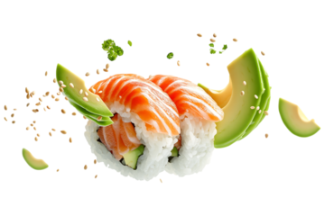 Salmon sushi rolls with avocado slices and sesame seeds, presented in a dynamic floating composition. Isolated. AI generated.  .