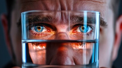 Caucasian male adult gazing through water glass with reflective blue eyes