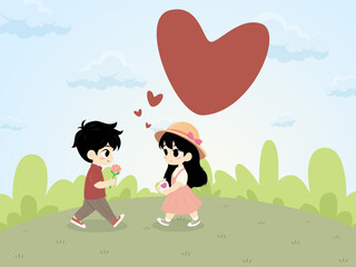 Boy and Girl sweet love valentine wedding cartoon cute illustration nature background design