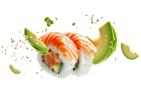 Salmon sushi rolls with avocado slices and sesame seeds, presented in a dynamic floating composition. Isolated. AI generated.  .