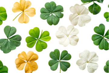 Colorful four-leaf clovers in various shades symbolizing luck and fortune. Isolated. AI generated. 