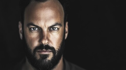 Obraz premium Intense expression of caucasian male adult with beard in dark atmosphere