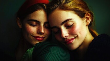 Two young caucasian females smiling and embracing in a warm, intimate moment