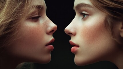 Fototapeta premium Close-up profile of two young caucasian females with soft lighting and natural makeup
