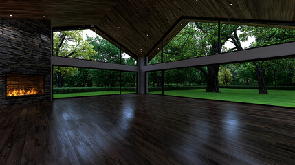 Fototapeta premium Modern house, spacious interior, forest view, fire lit, real estate