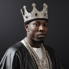 Portrait d'un roi du rap, hip-hop portant une couronne sur la tete devant un fond noir