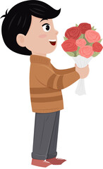 The boy gave a gift of a bouquet of flowers sweet love valentine character cartoon cute illustration design