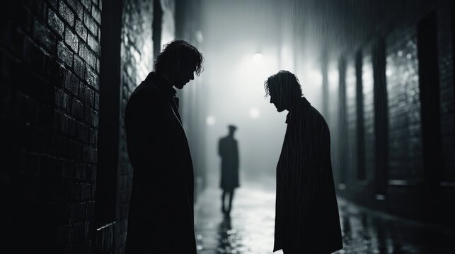 Mysterious silhouettes of men in rainy, dimly lit alley - Powered by Adobe
