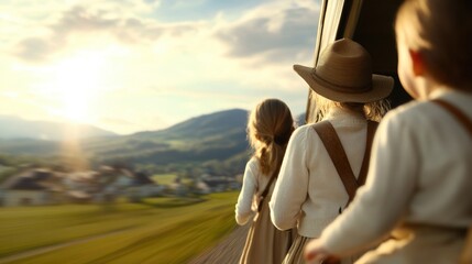 Young caucasian girls enjoy scenic train ride through countryside