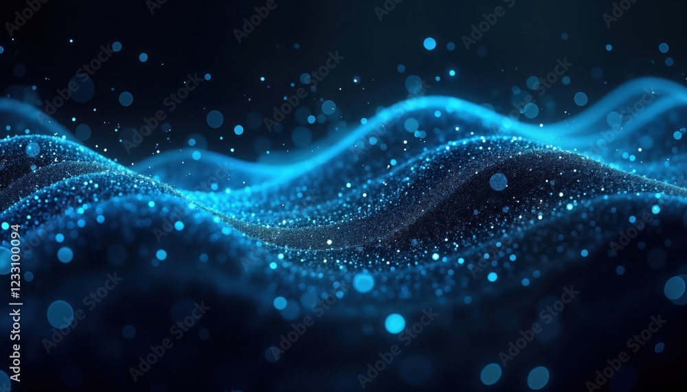 Poster dynamic futuristic abstract background features shimmering blue particles forming wave patterns. cyb