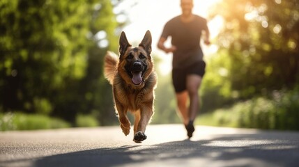 German shepherd running in park with male adult jogger on sunny day