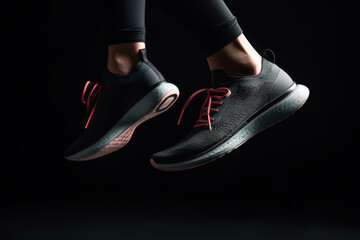 Close-up of an active woman's feet in black sporty sneakers with pink shoelaces, with black leggings - isolated, black background, copy space