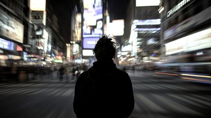 Obraz premium Silhouette of young male in busy city street at night with blurred motion