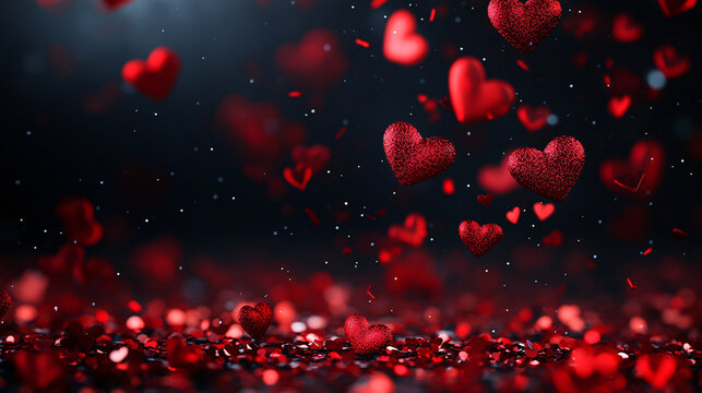 Red flat hearts of different sizes falling on a black background - Powered by Adobe