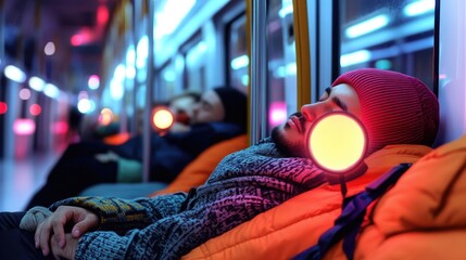 Young caucasian male sleeping in vibrant subway train