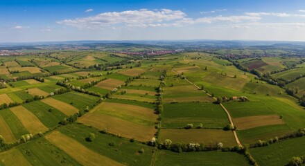 Aerial View of Rolling Green Farmland Landscape