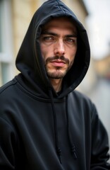 Close-up view of person wearing black hoodie. Mysterious, anonymous figure. Stylish casual attire. Young adult teenage. Possible urban settings. Focus on fashion, identity. Modern urban culture vibe.
