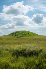 Tranquil Serenity: Harmonious Blend of Nature's Colors on a Sunlit Knoll Amongst a Cloud-Dappled Sky