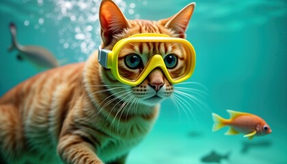 Obraz premium Funny cat wearing snorkel swims in ocean near small fish. Playful mammal explores marine wildlife. Cute pet enjoys water adventure. Ocean scene with a cat and a fish. Fun animal photo.